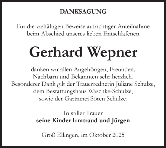 Traueranzeige von Gerhard Wepner von Volksstimme Altmark Ost