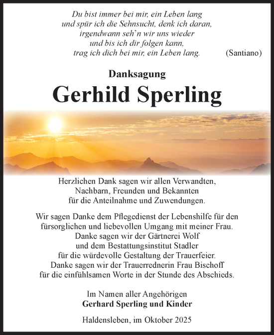 Traueranzeige von Gerhild Sperling von Volksstimme Haldensleben/Wolmirstedt