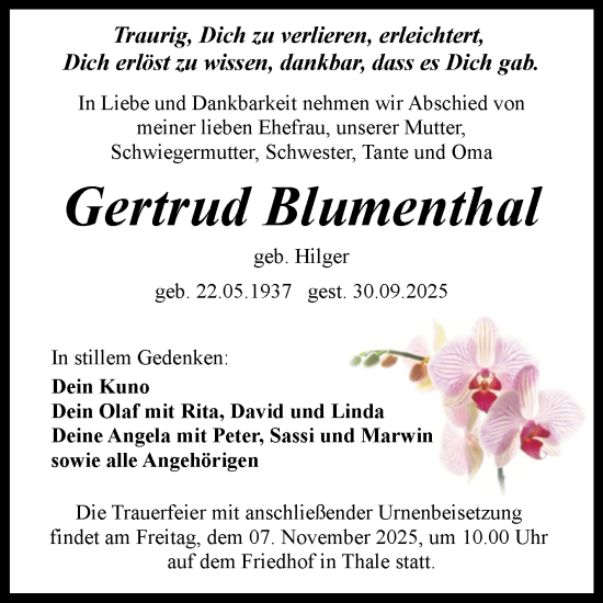 Traueranzeige von Gertrud Blumenthal von Trauerkombi Quedlinburg