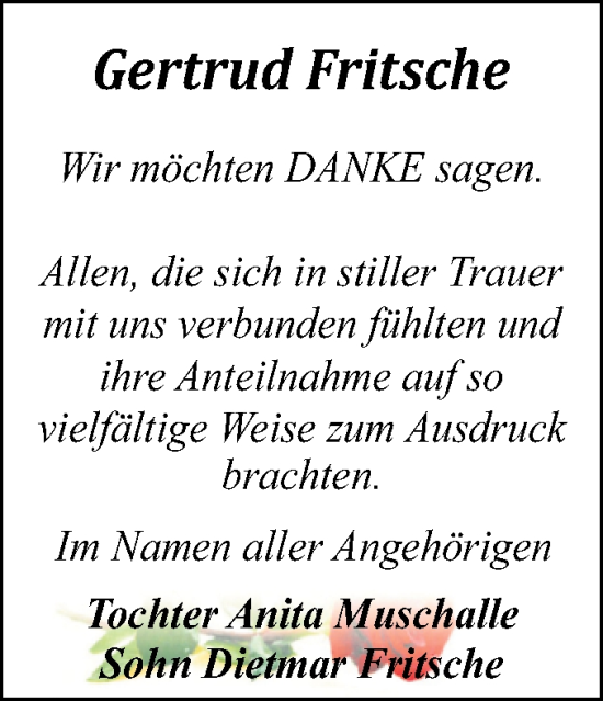 Traueranzeige von Gertrud Fritsche von Trauerkombi Dessau