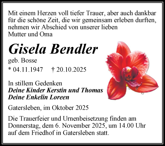 Traueranzeige von Gisela Bendler von Trauerkombi Aschersleben