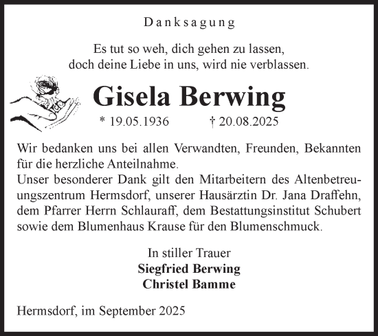 Traueranzeige von Gisela Berwing von Volksstimme Haldensleben/Wolmirstedt