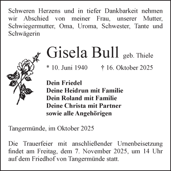 Traueranzeige von Gisela Bull von Volksstimme Altmark Ost