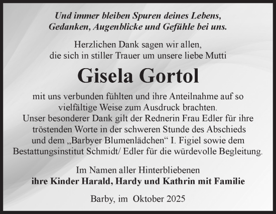 Traueranzeige von Gisela Gortol von Volksstimme Schönebeck