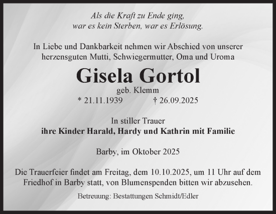 Traueranzeige von Gisela Gortol von Volksstimme Schönebeck