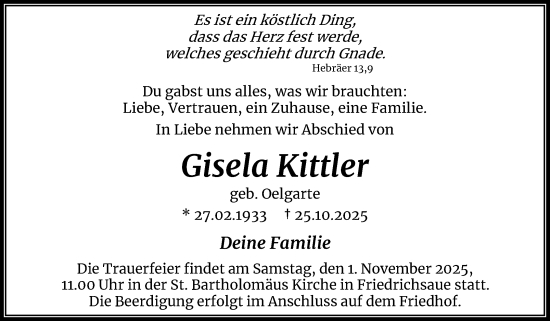 Traueranzeige von Gisela Kittler von Trauerkombi Aschersleben