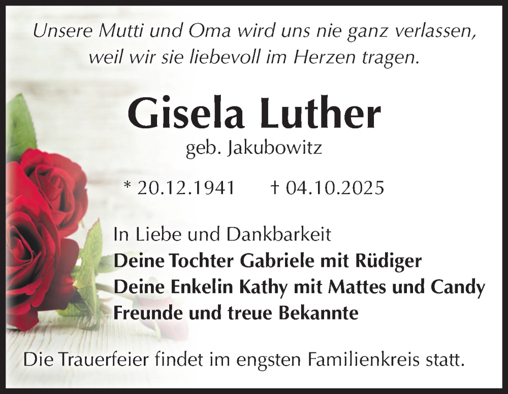  Traueranzeige für Gisela Luther vom 11.10.2025 aus Volksstimme Staßfurt