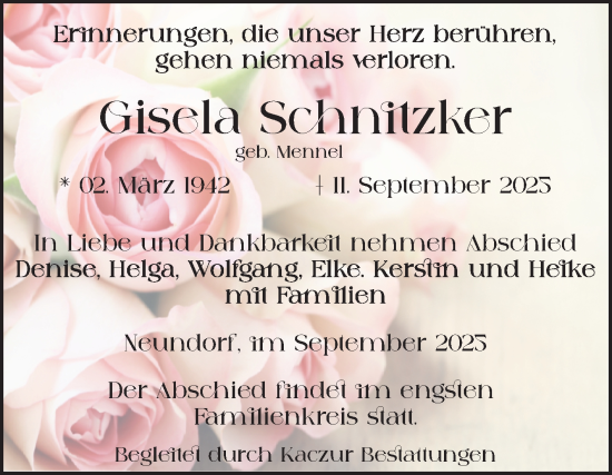Traueranzeige von Gisela Schnitzker von Volksstimme Staßfurt