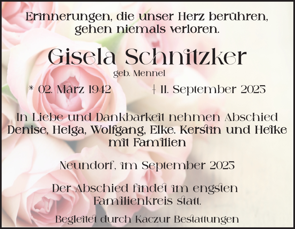  Traueranzeige für Gisela Schnitzker vom 04.10.2025 aus Volksstimme Staßfurt