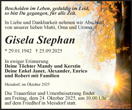 Traueranzeige von Gisela Stephan von Trauerkombi Quedlinburg