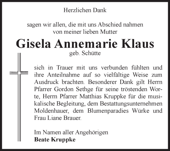 Traueranzeige von Gisela Annemarie Klaus von Volksstimme Altmark Ost