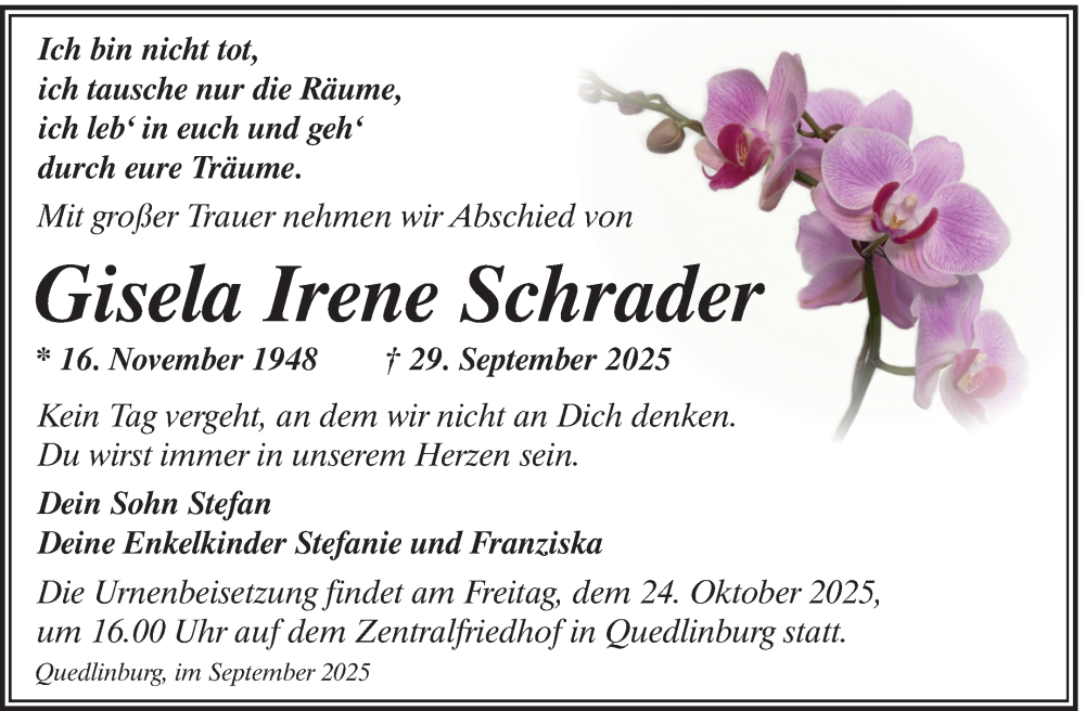  Traueranzeige für Gisela Irene Schrader vom 18.10.2025 aus Mitteldeutsche Zeitung Quedlingburg