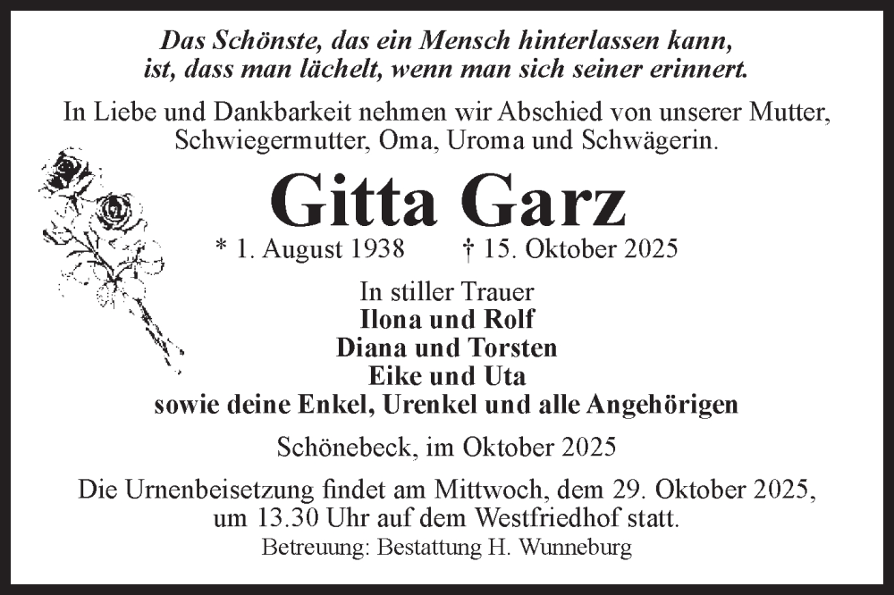  Traueranzeige für Gitta Garz vom 25.10.2025 aus Volksstimme Schönebeck