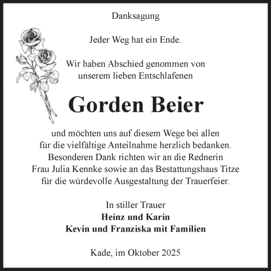 Traueranzeige von Gorden Beier von Volksstimme Burg/Genthin