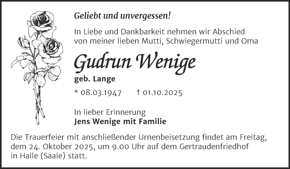  Traueranzeige für Gudrun Wenige vom 18.10.2025 aus Mitteldeutsche Zeitung Halle/Saalkreis