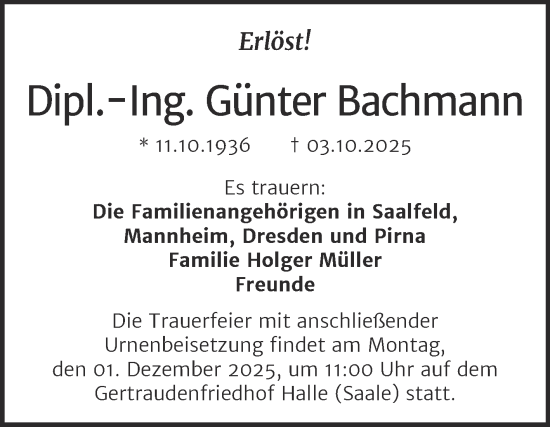 Traueranzeige von Günter Bachmann von Mitteldeutsche Zeitung Halle/Saalkreis