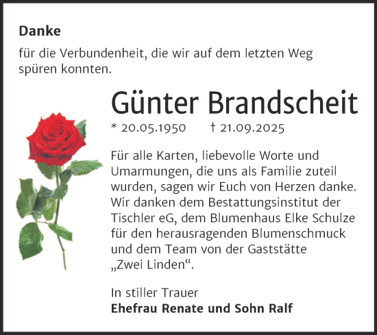 Traueranzeige von Günter Brandscheit von Trauerkombi Wittenberg