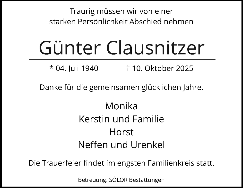  Traueranzeige für Günter Clausnitzer vom 18.10.2025 aus Volksstimme Magdeburg