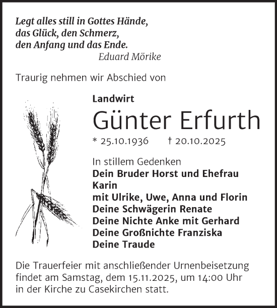 Traueranzeige von Günter Erfurth von Super Sonntag Naumburg/Nebra