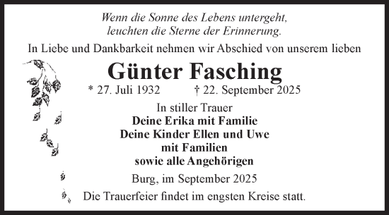 Traueranzeige von Günter Fasching von Volksstimme Burg/Genthin