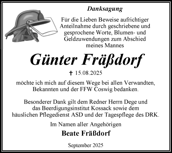 Traueranzeige von Günter Fräßdorf von Trauerkombi Wittenberg