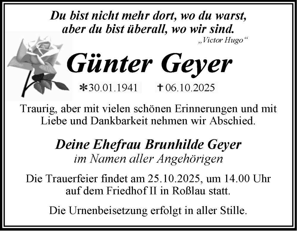  Traueranzeige für Günter Geyer vom 18.10.2025 aus Trauerkombi Dessau