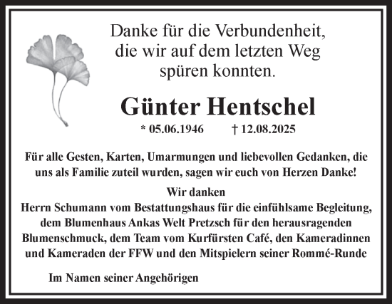 Traueranzeige von Günter Hentschel von Trauerkombi Wittenberg
