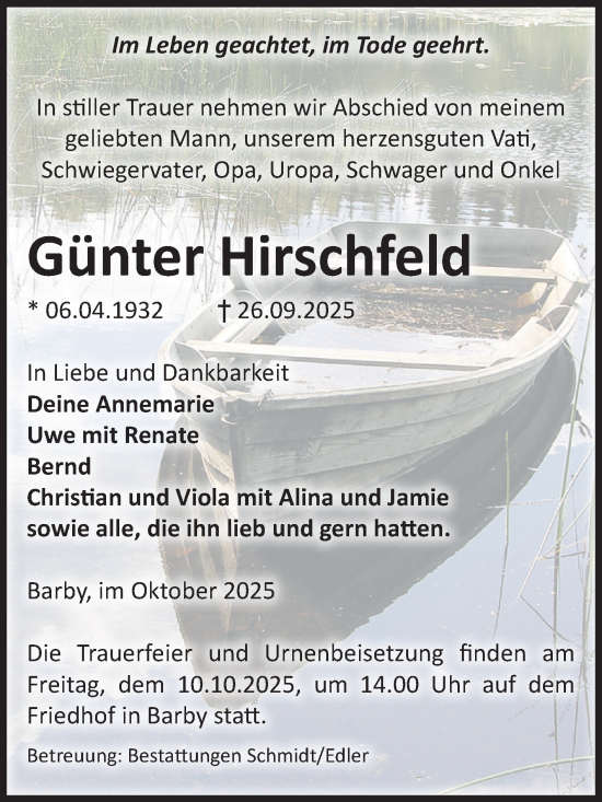 Traueranzeige von Günter Hirschfeld von Volksstimme Schönebeck