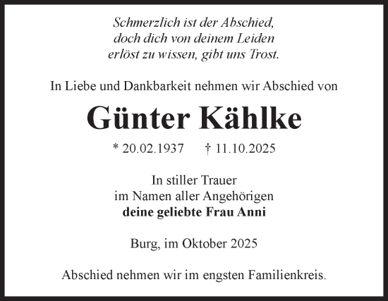 Traueranzeige von Günter Kählke von Volksstimme Burg/Genthin