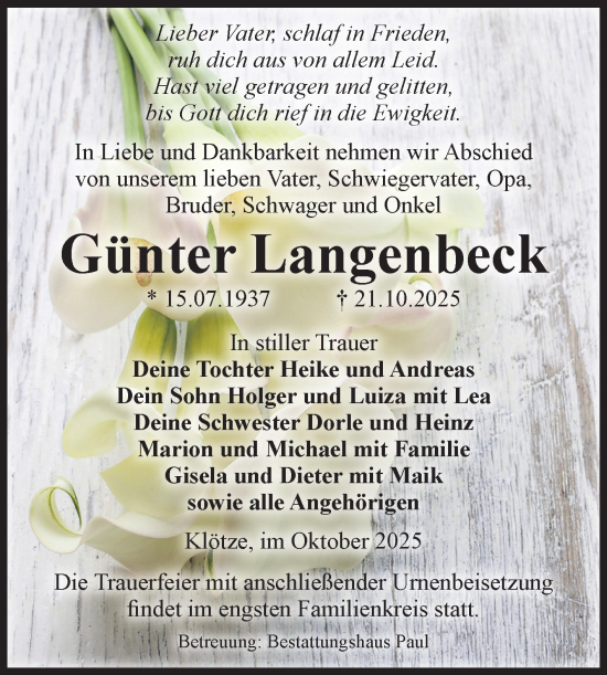 Traueranzeige von Günter Langenbeck von Volksstimme Altmark West