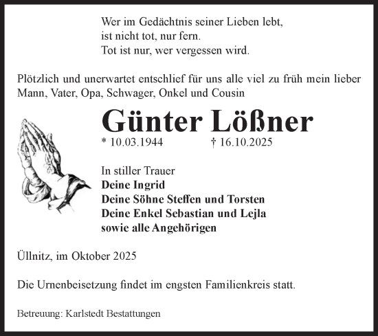 Traueranzeige von Günter Lößner von Volksstimme Schönebeck