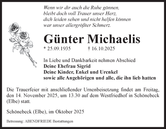 Traueranzeige von Günter Michaelis von Volksstimme Schönebeck
