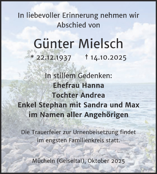 Traueranzeige von Günter Mielsch von Trauerkombi Merseburg