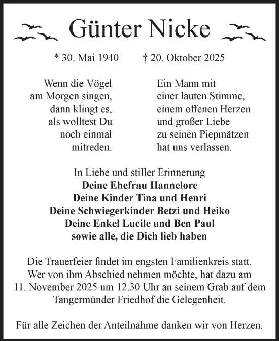 Traueranzeige von Günter Nicke von Volksstimme Altmark Ost