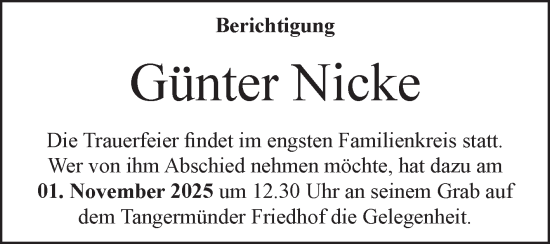 Traueranzeige von Günter Nicke von Volksstimme Altmark Ost