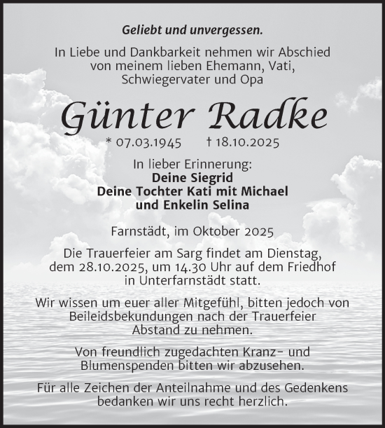 Traueranzeige von Günter Radke von Trauerkombi Merseburg