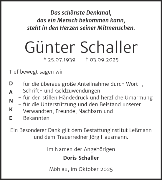 Traueranzeige von Günter Schaller von Trauerkombi Wittenberg
