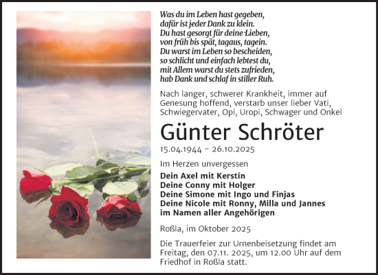 Traueranzeige von Günter Schröter von Trauerkombi Sangerhausen