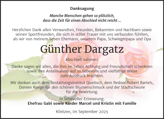 Traueranzeige von Günther Dargatz von Trauerkombi Köthen