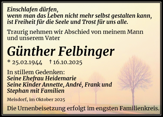 Traueranzeige von Günther Felbinger von Trauerkombi Quedlinburg