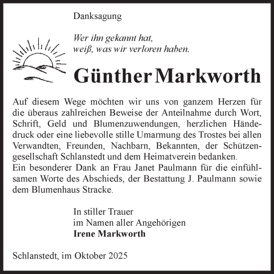 Traueranzeige von Günther Markworth von Volksstimme Halberstadt