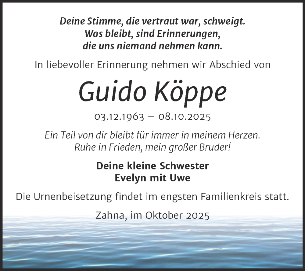  Traueranzeige für Guido Köppe vom 18.10.2025 aus Trauerkombi Wittenberg