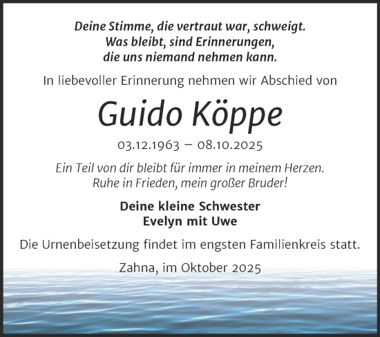 Traueranzeige von Guido Köppe von Trauerkombi Wittenberg