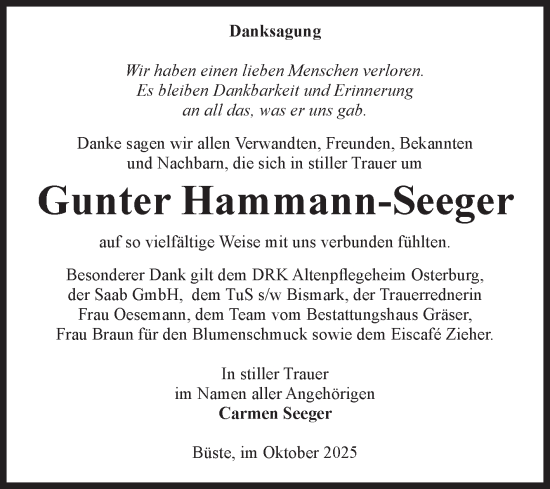 Traueranzeige von Gunter Hammann-Seeger von Volksstimme Altmark Ost