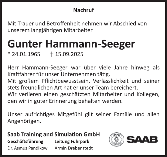 Traueranzeige von Gunter Hammann-Seeger von Volksstimme Altmark Ost