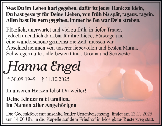 Traueranzeige von Hanna Engel von Trauerkombi Dessau