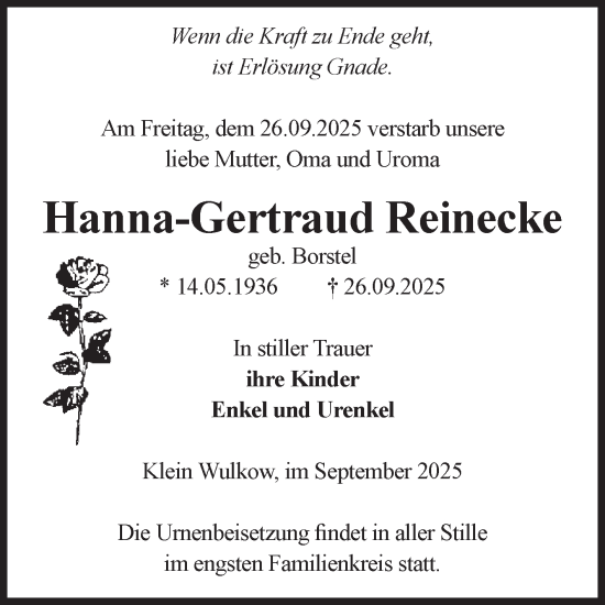 Traueranzeige von Hanna-Gertraud Reinecke von Volksstimme Burg/Genthin