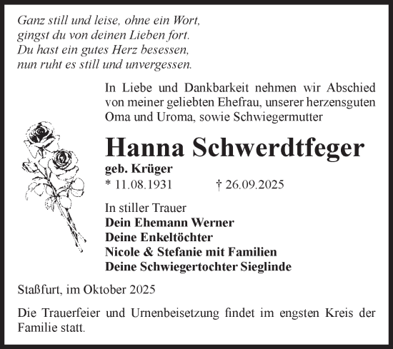 Traueranzeige von Hanna Schwerdtfeger von Volksstimme Staßfurt