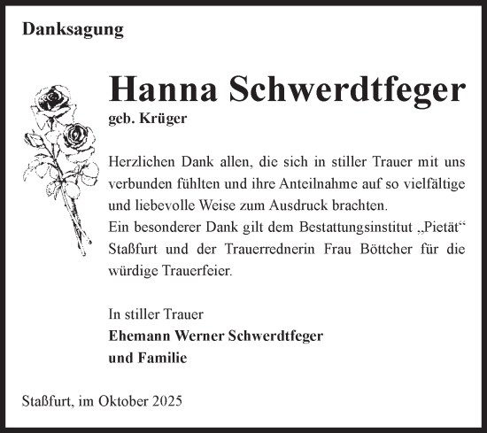 Traueranzeige von Hanna Schwerdtfeger von Volksstimme Staßfurt