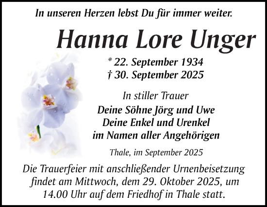 Traueranzeige von Hanna Lore Unger von Trauerkombi Quedlinburg